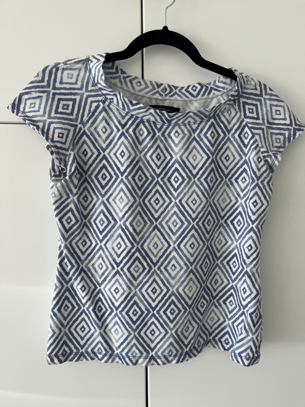 Lafayette 148 New York Blue & White Diamond-Print Short Sleeve Top